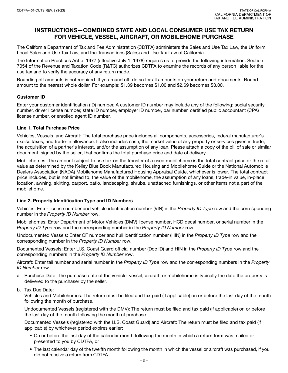 Form CDTFA-401-CUTS Combined State and Local Consumer Use Tax Return for Vehicle, Mobilehome, Vessel, or Aircraft - California, Page 3