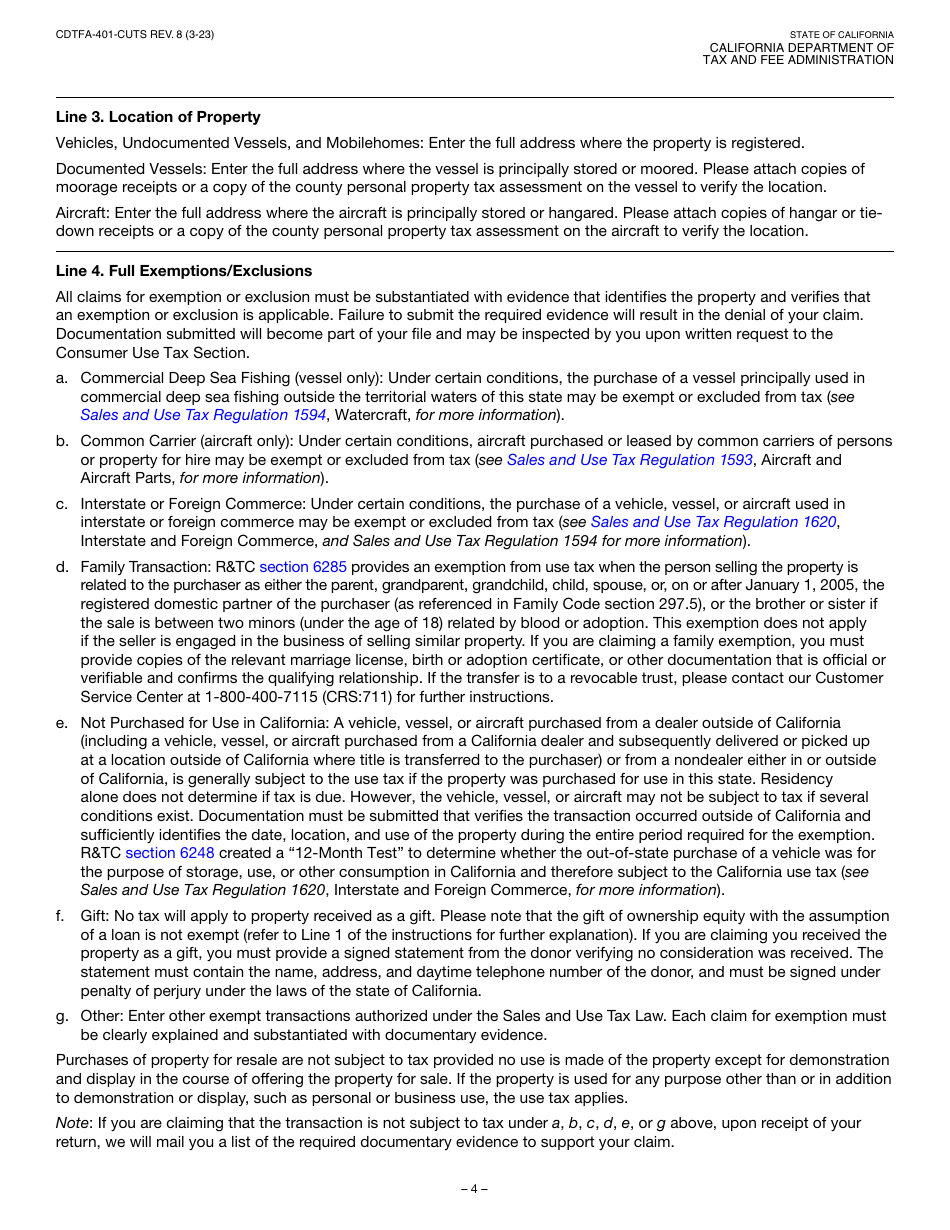 Form CDTFA-401-CUTS Combined State and Local Consumer Use Tax Return for Vehicle, Mobilehome, Vessel, or Aircraft - California, Page 4