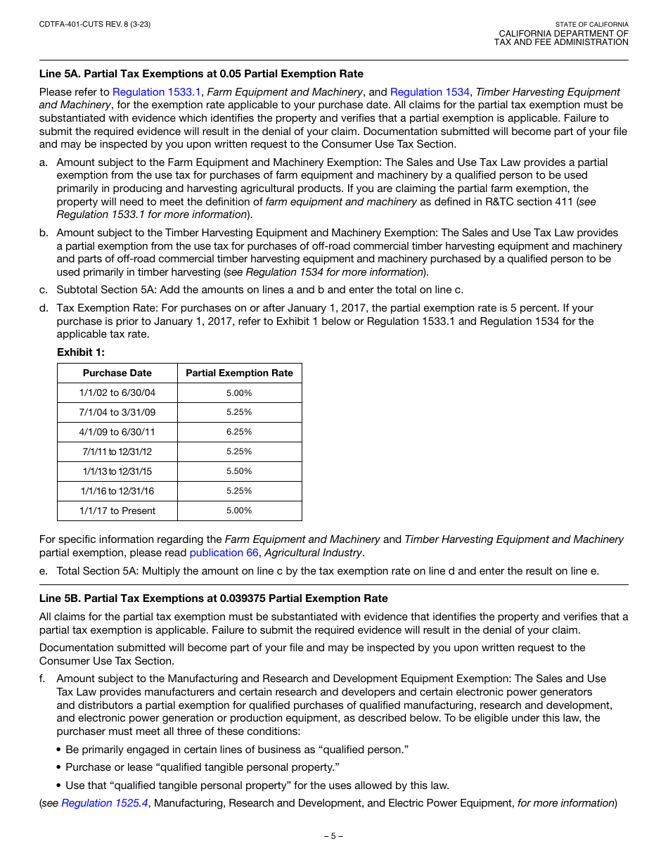 Form CDTFA-401-CUTS Combined State and Local Consumer Use Tax Return for Vehicle, Mobilehome, Vessel, or Aircraft - California, Page 5