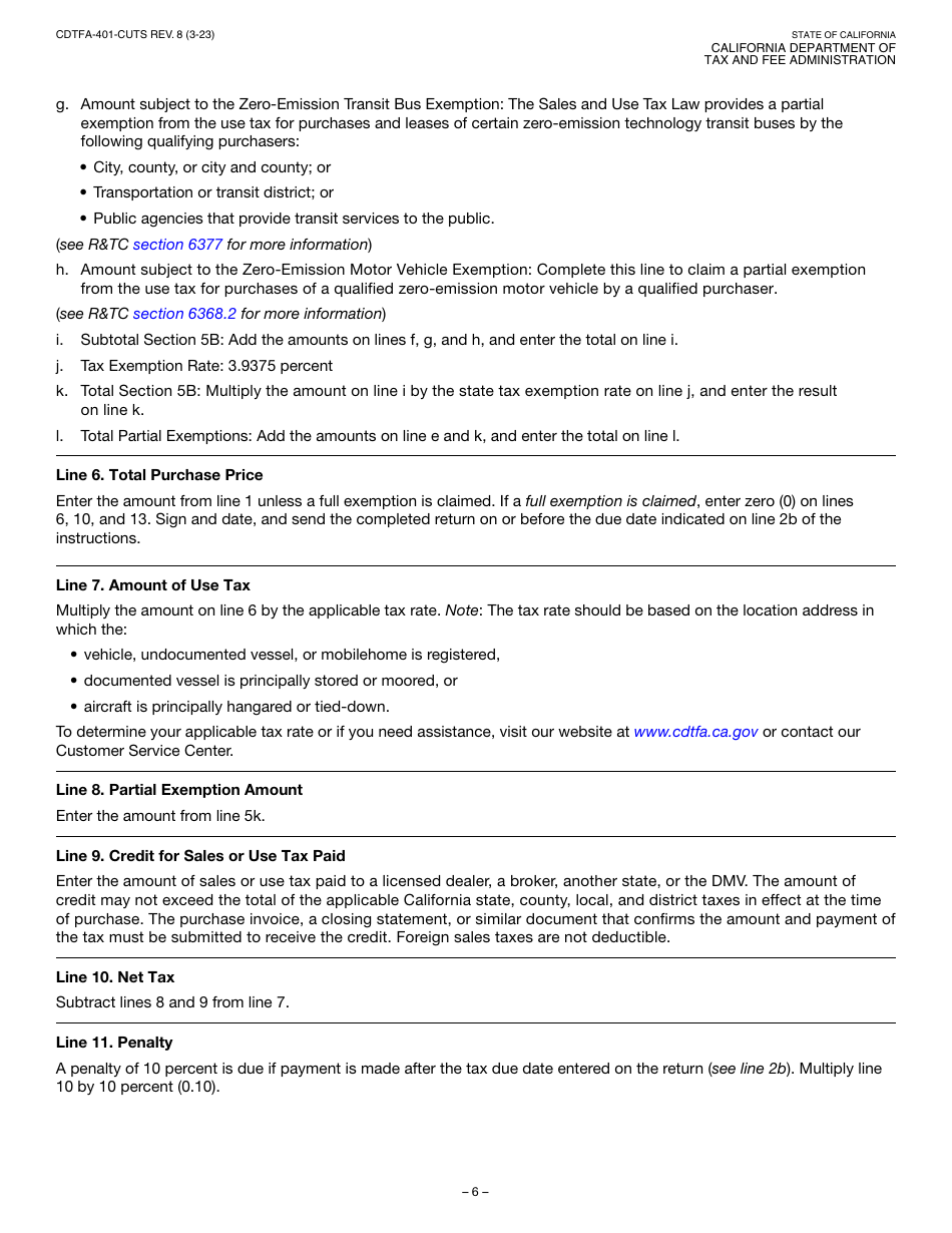 Form CDTFA-401-CUTS Combined State and Local Consumer Use Tax Return for Vehicle, Mobilehome, Vessel, or Aircraft - California, Page 6