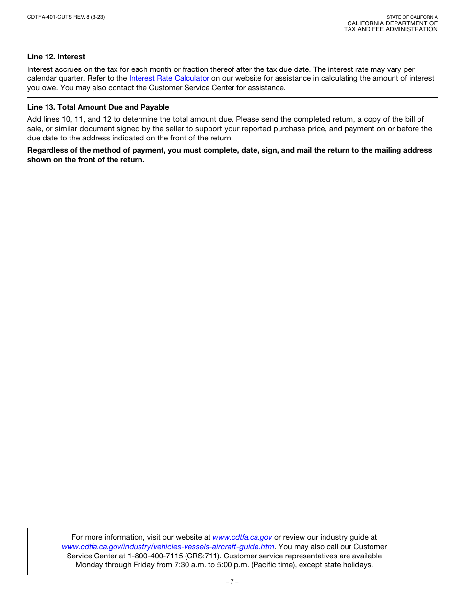 Form CDTFA-401-CUTS Combined State and Local Consumer Use Tax Return for Vehicle, Mobilehome, Vessel, or Aircraft - California, Page 7