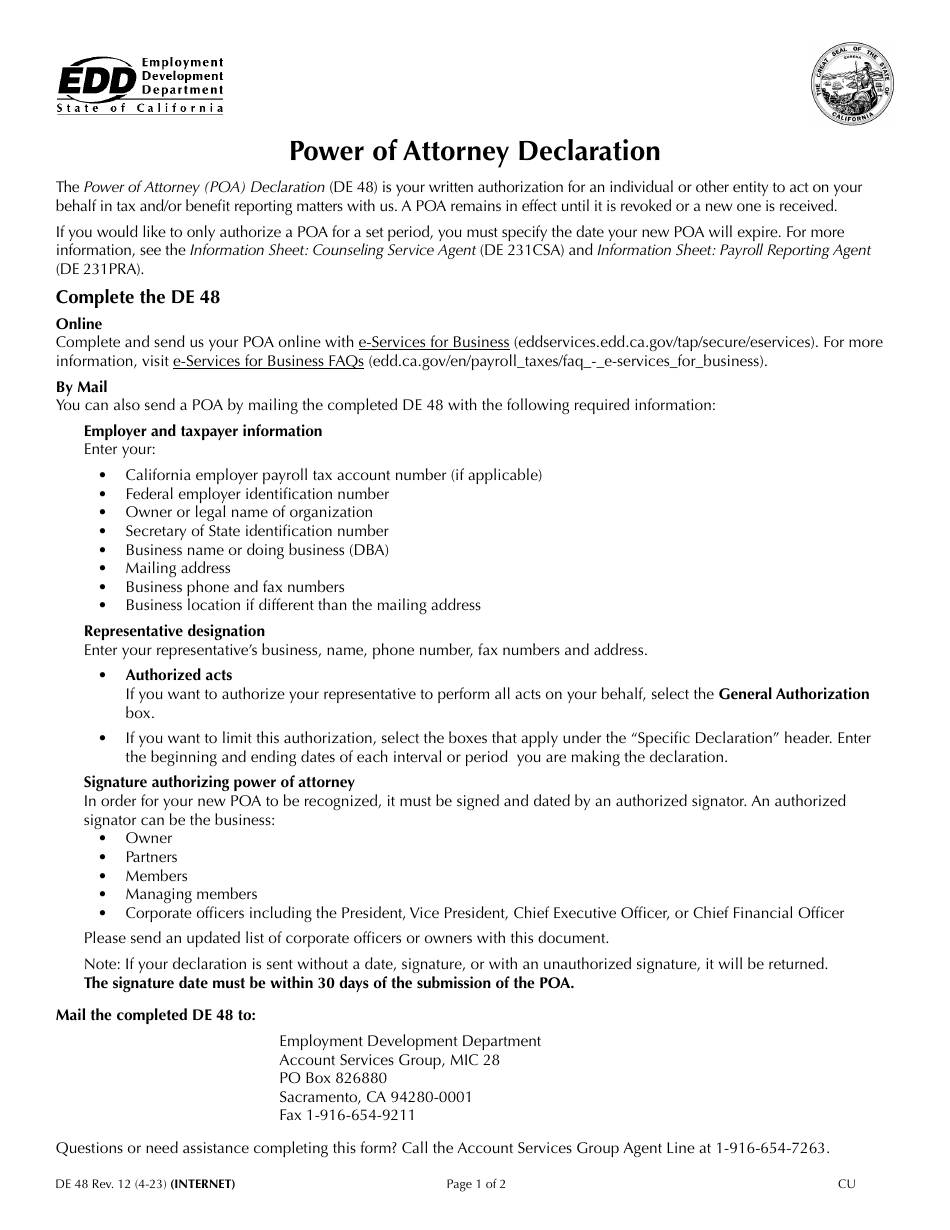 Form DE48 Power of Attorney Declaration - California, Page 1