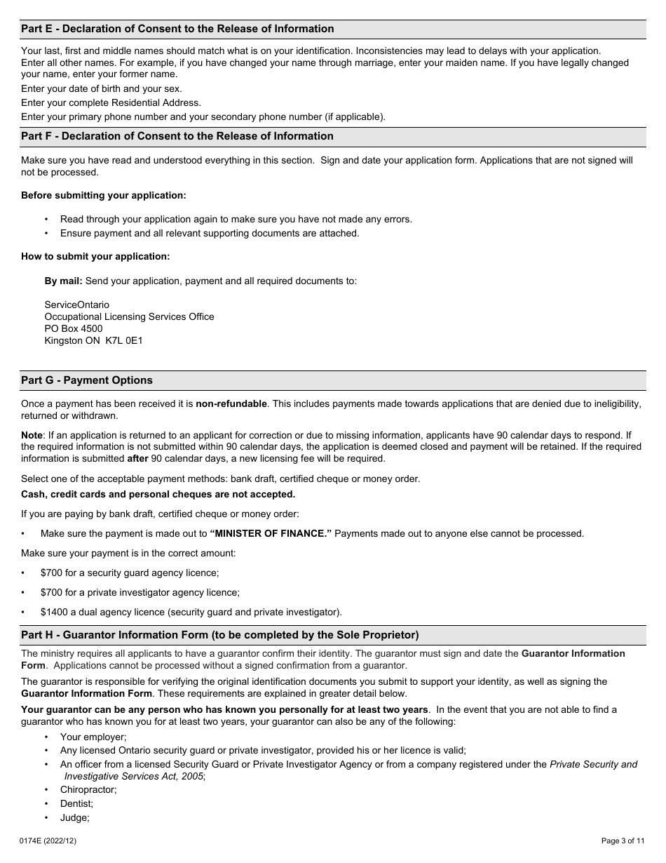 Instructions for Form 0176E Application for a Security Guard and / or Private Investigator Agency Licence - Sole Proprietorships - Ontario, Canada, Page 3