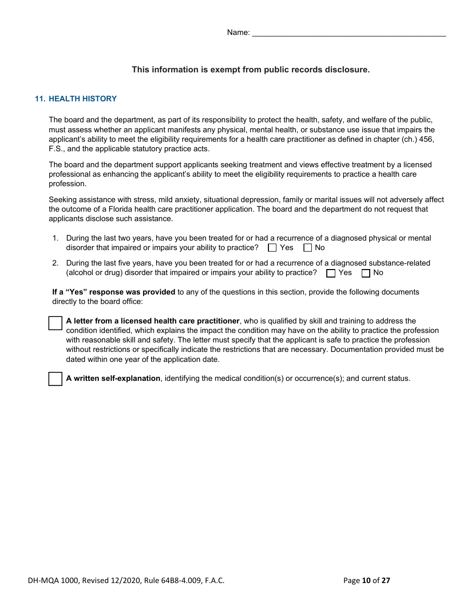 Form DH-MQA1000 Medical Doctor Application for Licensure - Florida, Page 10