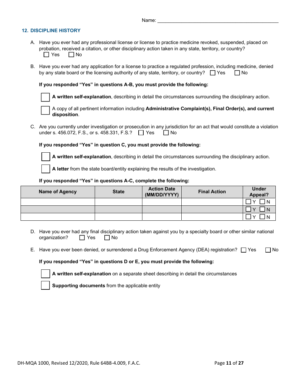 Form DH-MQA1000 Medical Doctor Application for Licensure - Florida, Page 11