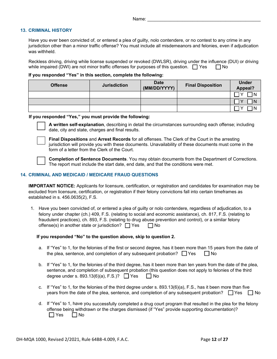 Form DH-MQA1000 Medical Doctor Application for Licensure - Florida, Page 12