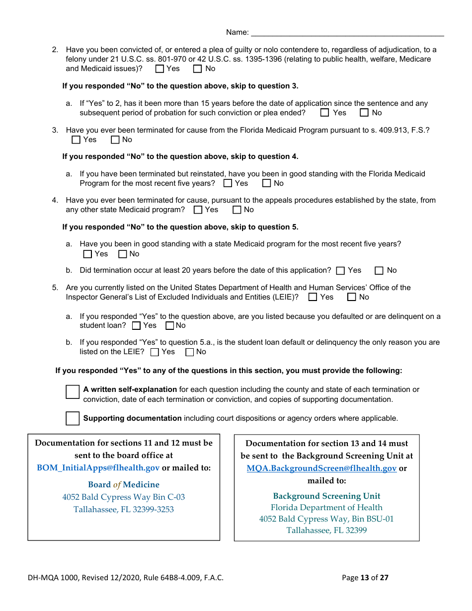Form DH-MQA1000 Medical Doctor Application for Licensure - Florida, Page 13