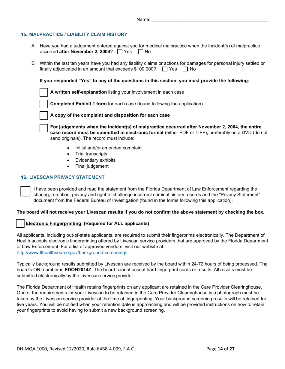 Form DH-MQA1000 Medical Doctor Application for Licensure - Florida, Page 14