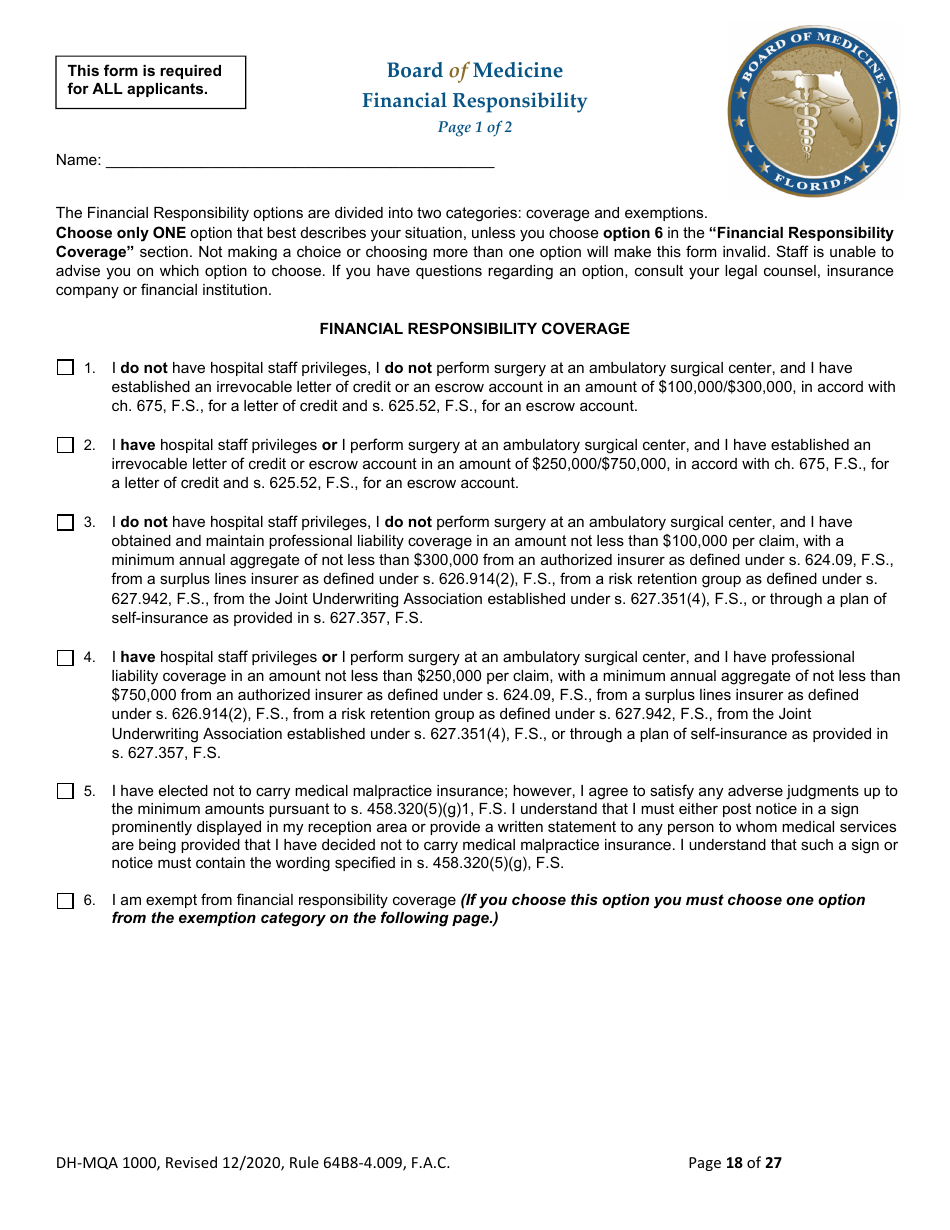 Form DH-MQA1000 Medical Doctor Application for Licensure - Florida, Page 18