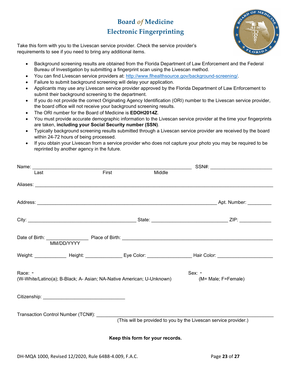 Form DH-MQA1000 Medical Doctor Application for Licensure - Florida, Page 23