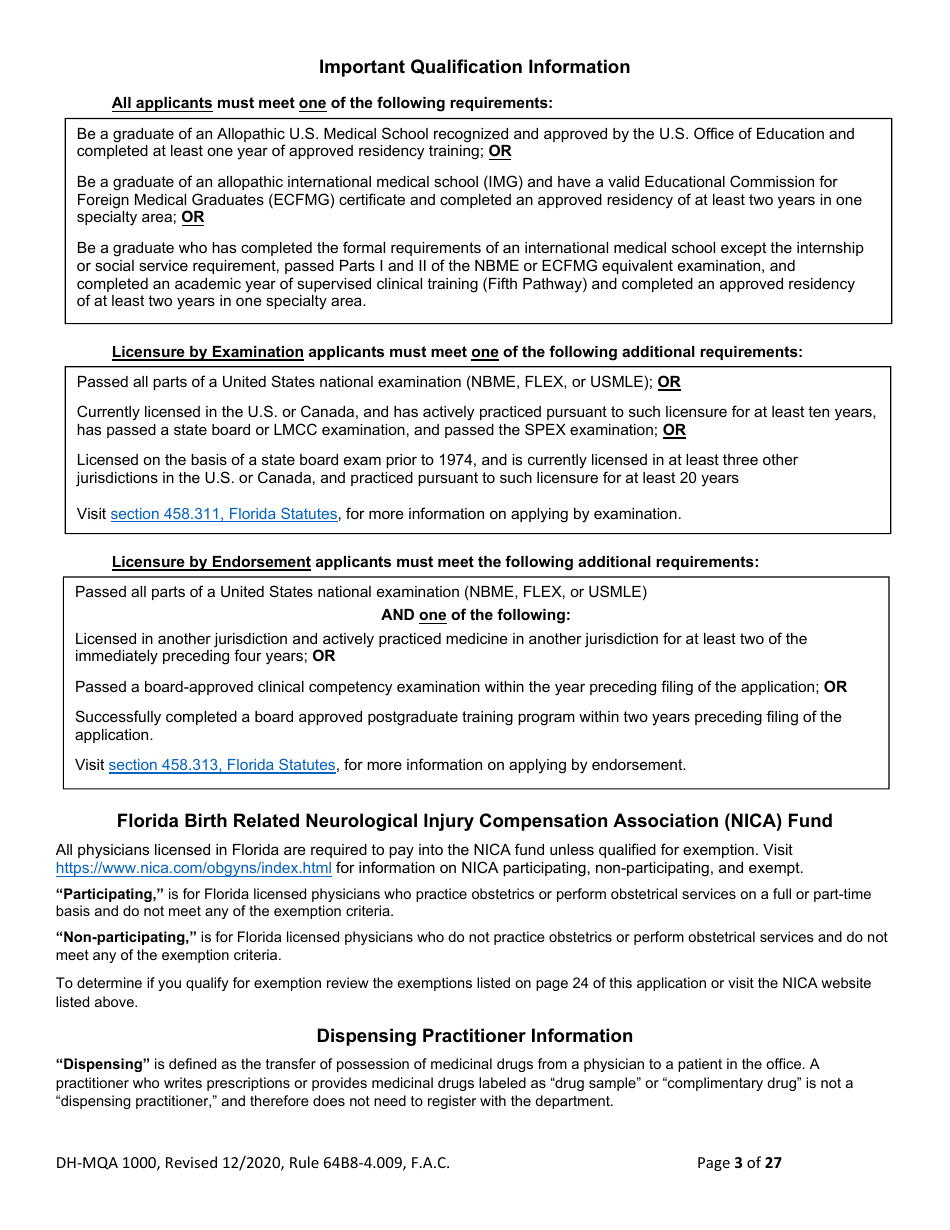 Form DH-MQA1000 Medical Doctor Application for Licensure - Florida, Page 3
