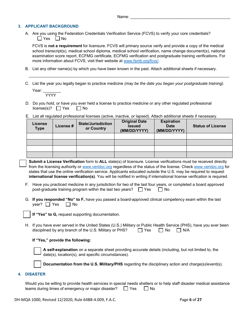 Form DH-MQA1000 Medical Doctor Application for Licensure - Florida, Page 6