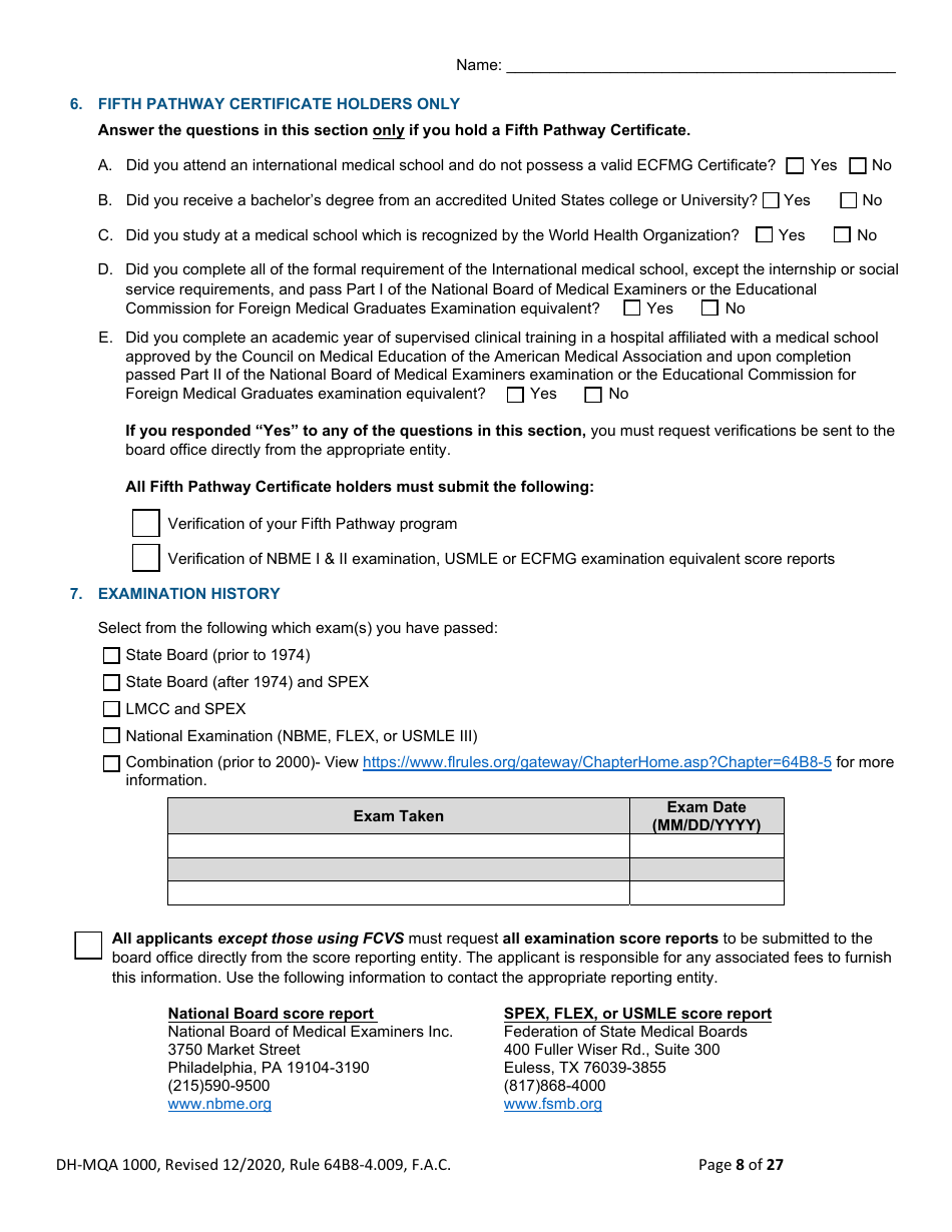 Form DH-MQA1000 Medical Doctor Application for Licensure - Florida, Page 8