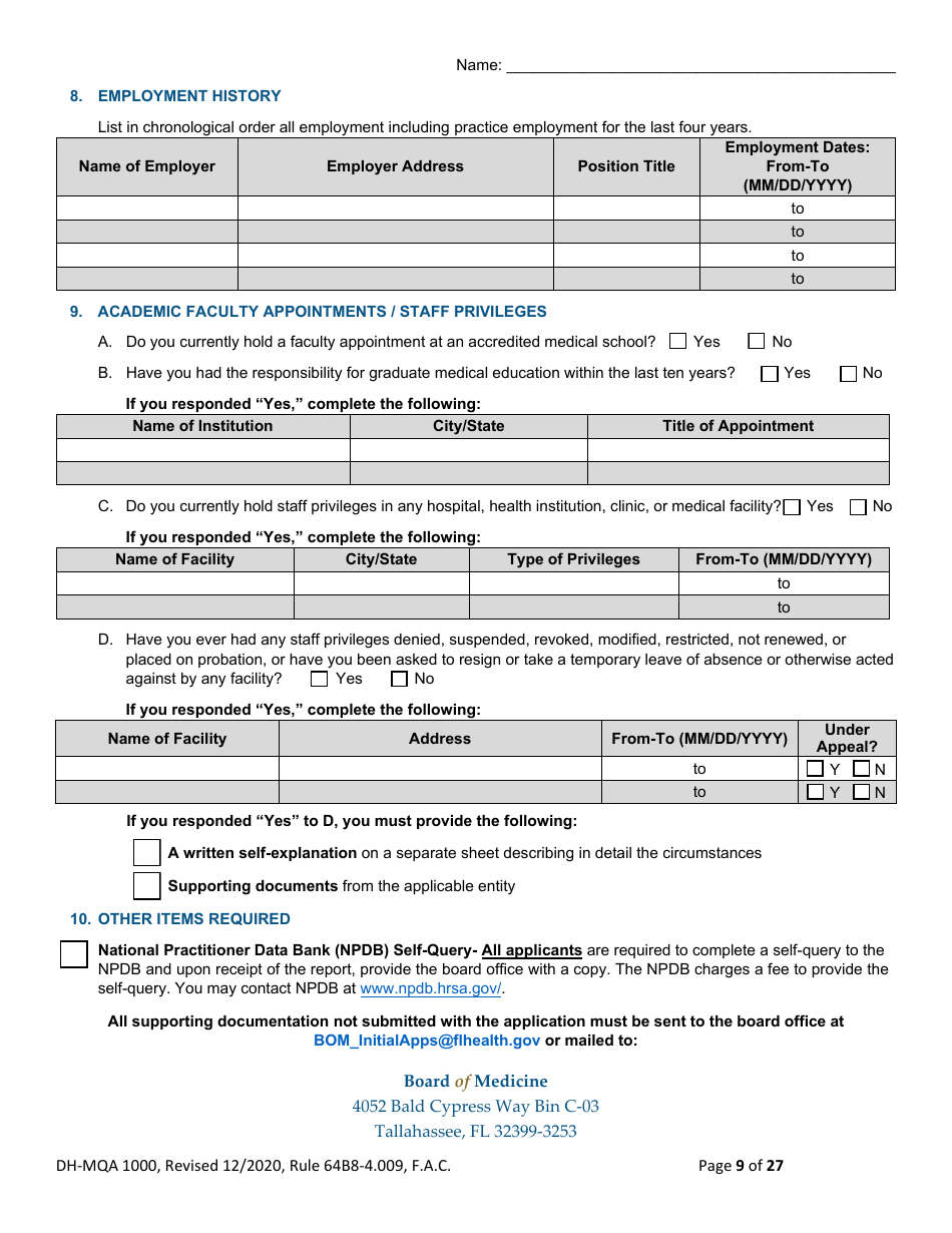 Form DH-MQA1000 Medical Doctor Application for Licensure - Florida, Page 9