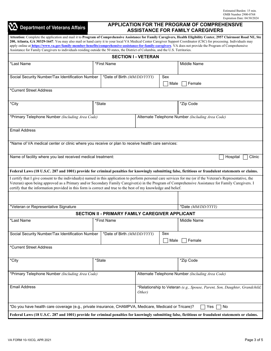 VA Form 10-10CG Application for the Program of Comprehensive Assistance for Family Caregivers, Page 3