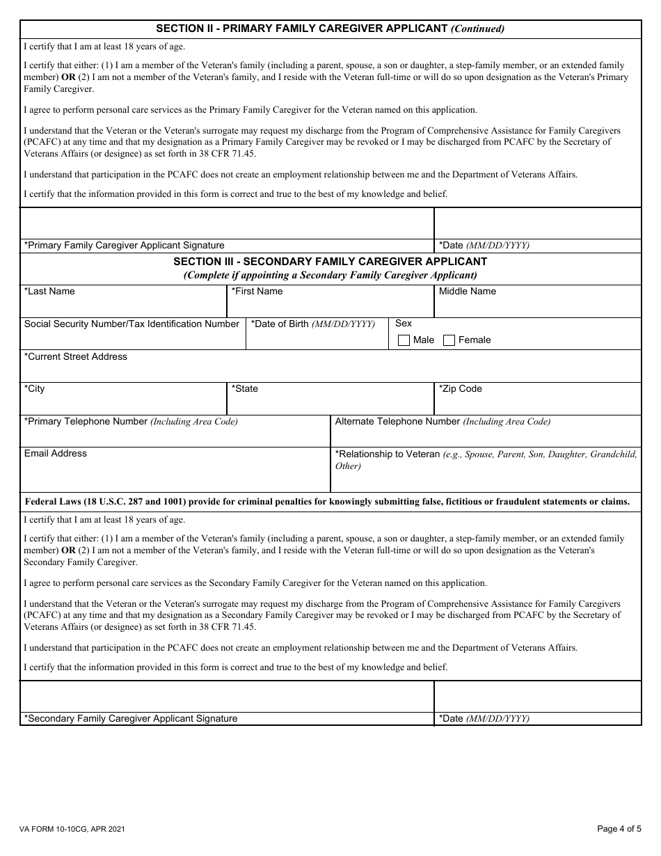 VA Form 10-10CG Application for the Program of Comprehensive Assistance for Family Caregivers, Page 4