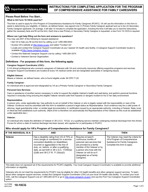 VA Form 10-10CG Application for the Program of Comprehensive Assistance for Family Caregivers