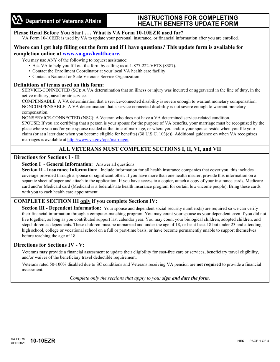 VA Form 10-10EZR Health Benefits Update Form, Page 1