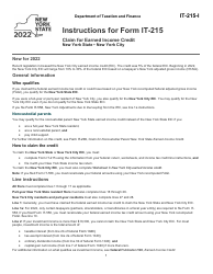 Document preview: Instructions for Form IT-215 Claim for Earned Income Credit - New York, 2022