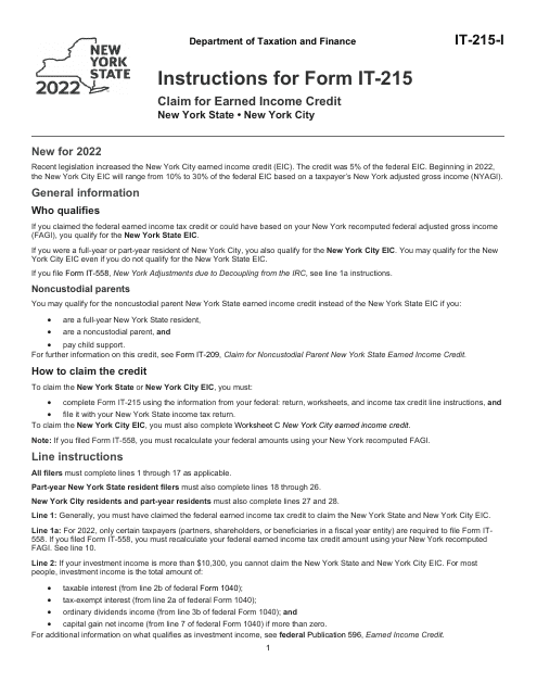 Instructions for Form IT-215 Claim for Earned Income Credit - New York, 2022