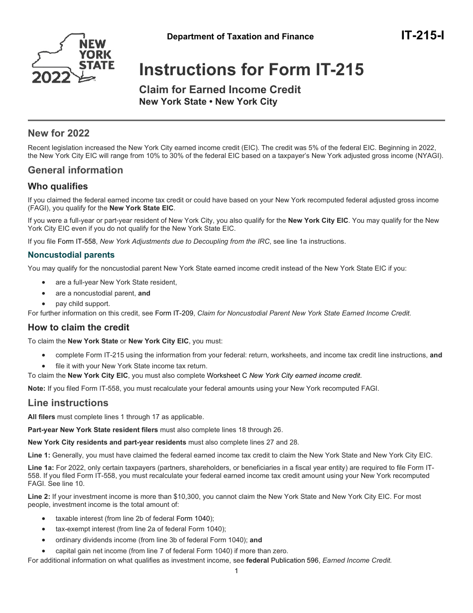 Instructions for Form IT-215 Claim for Earned Income Credit - New York, Page 1