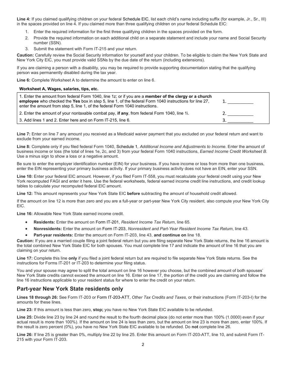 Instructions for Form IT-215 Claim for Earned Income Credit - New York, Page 2