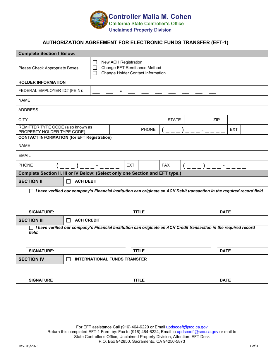 Form EFT-1 Authorization Agreement for Electronic Funds Transfer - California, Page 1