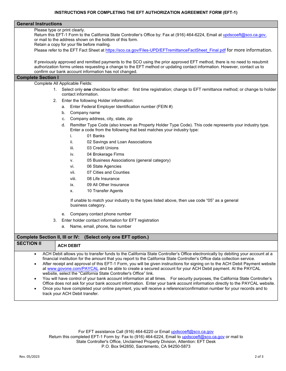 Form EFT-1 Authorization Agreement for Electronic Funds Transfer - California, Page 2