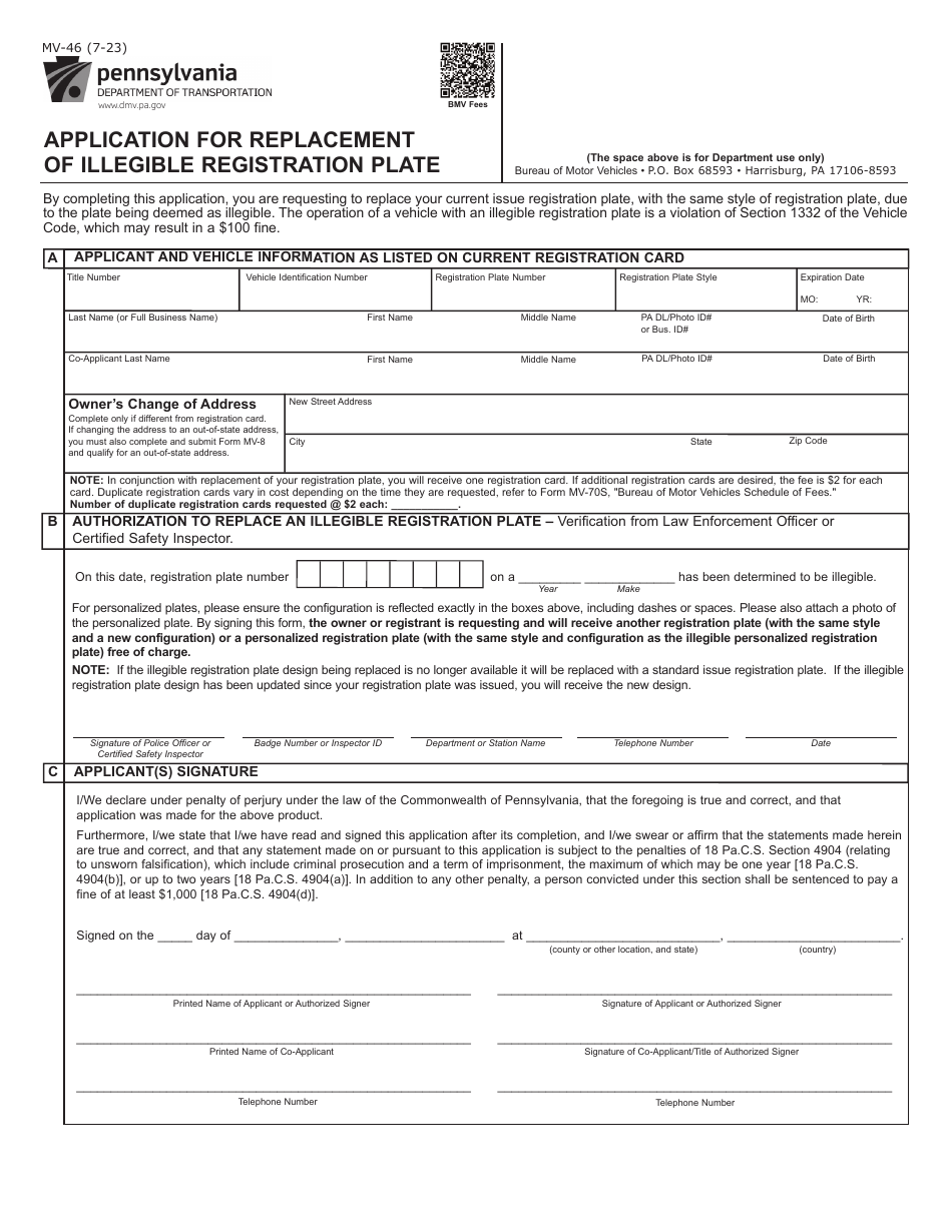 Form MV-46 Application for Replacement of Illegible Registration Plate - Pennsylvania, Page 1