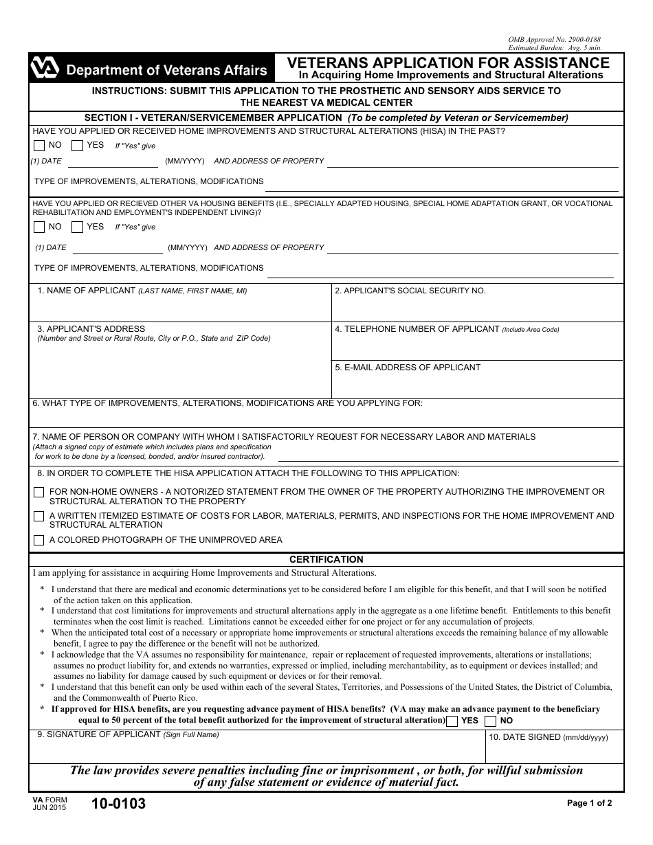 VA Form 10-0103 Veterans Application for Assistance in Acquiring Home Improvements and Structural Alterations, Page 1
