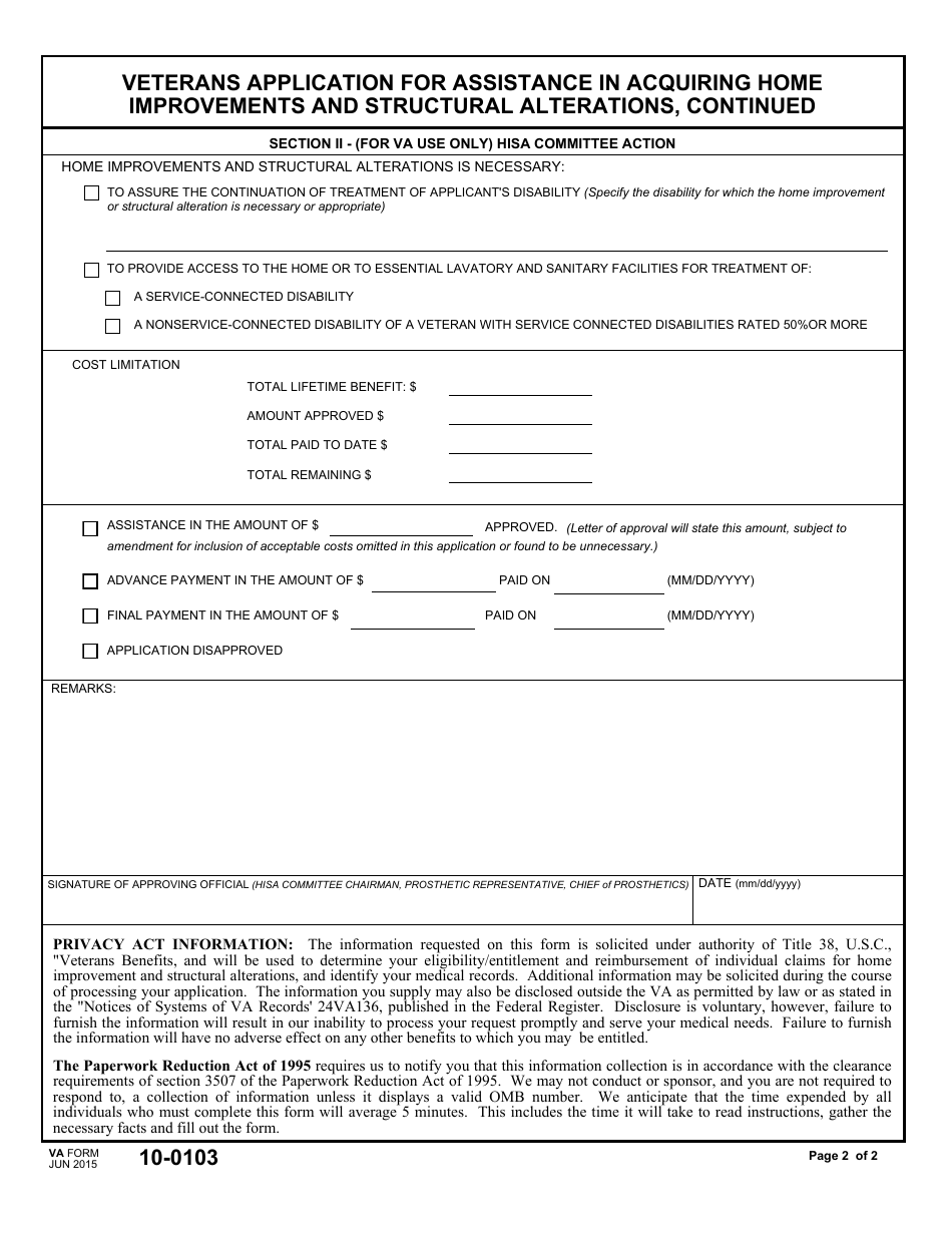 VA Form 10-0103 Veterans Application for Assistance in Acquiring Home Improvements and Structural Alterations, Page 2