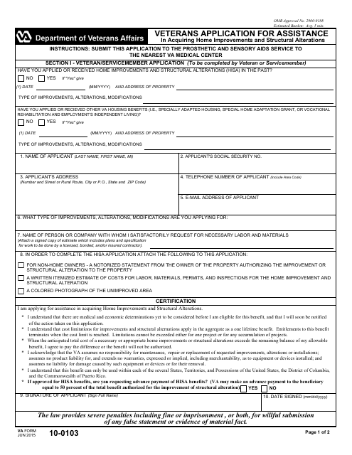 VA Form 10-0103 Veterans Application for Assistance in Acquiring Home Improvements and Structural Alterations