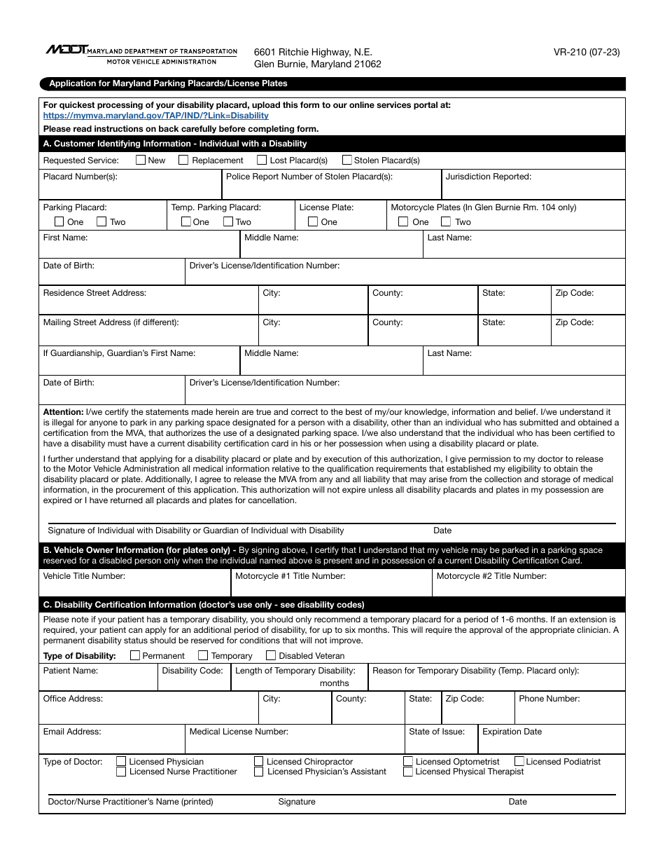 Form VR-210 - Fill Out, Sign Online and Download Fillable PDF, Maryland ...