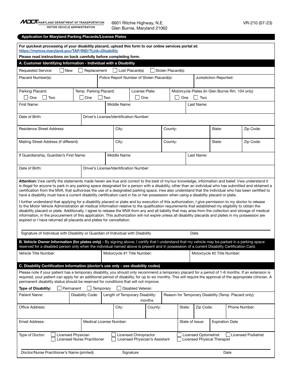Form VR-210 Application for Maryland Parking Placards / License Plates - Maryland, Page 1
