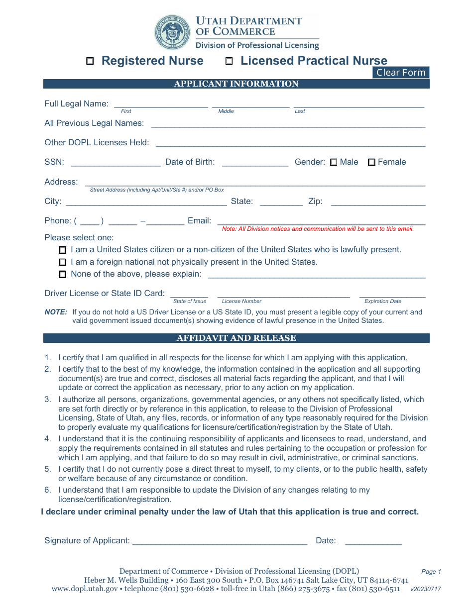 Registered Nurse / Licensed Practical Nurse License Application - Utah, Page 1