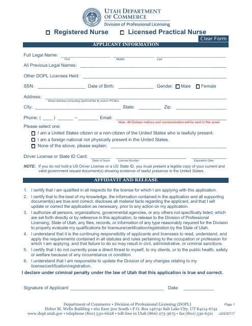 Registered Nurse/Licensed Practical Nurse License Application - Utah