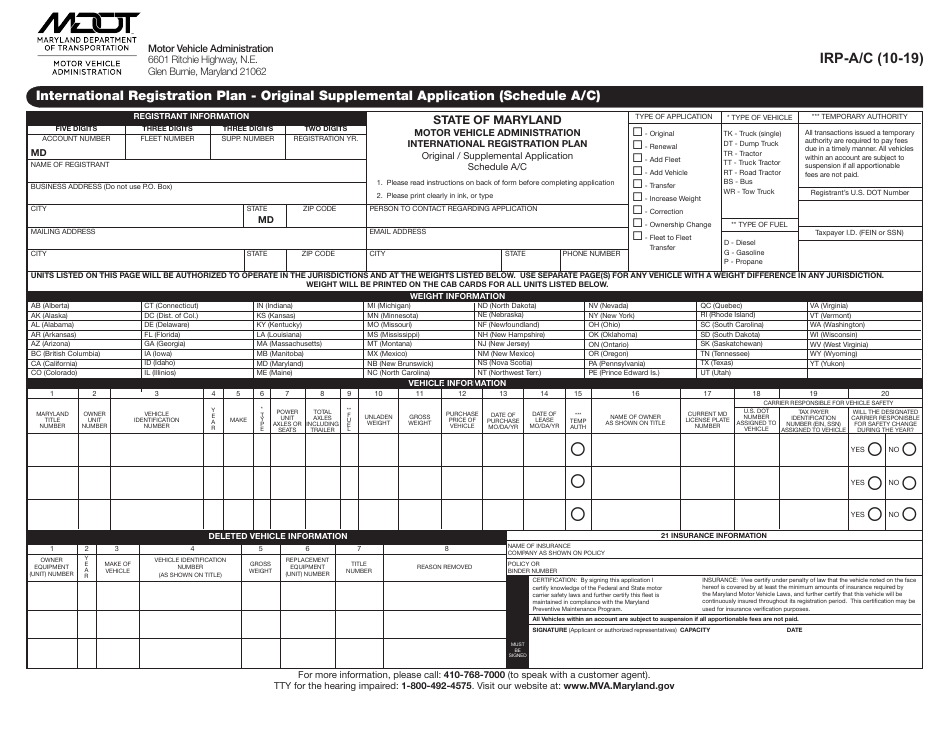 Form IRP-A / C International Registration Plan - Original Supplemental Application - Maryland, Page 1