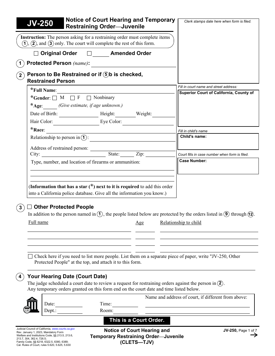 Form JV-250 Notice of Court Hearing and Temporary Restraining Order - Juvenile - California, Page 1