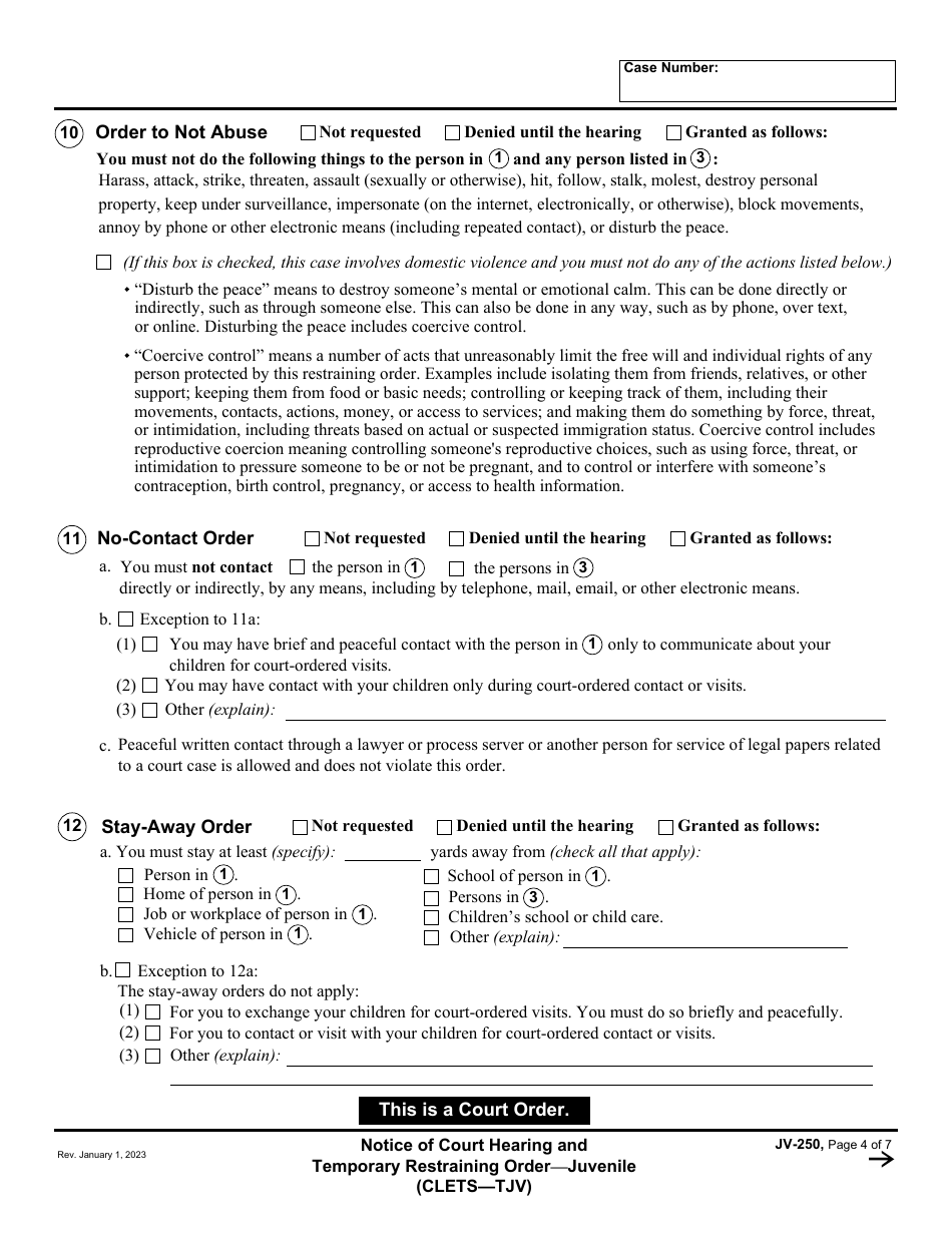 Form JV-250 Notice of Court Hearing and Temporary Restraining Order - Juvenile - California, Page 4
