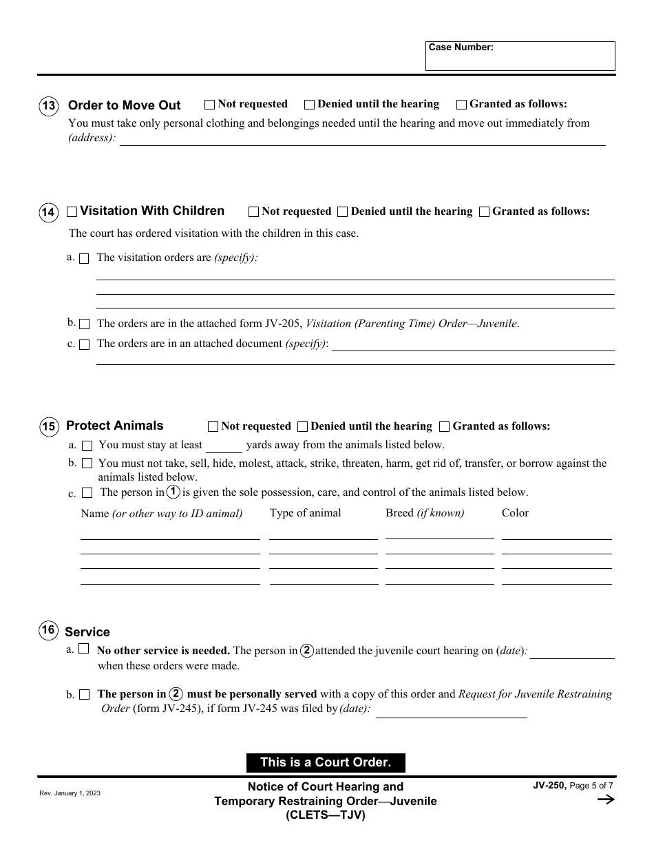 Form JV-250 Notice of Court Hearing and Temporary Restraining Order - Juvenile - California, Page 5