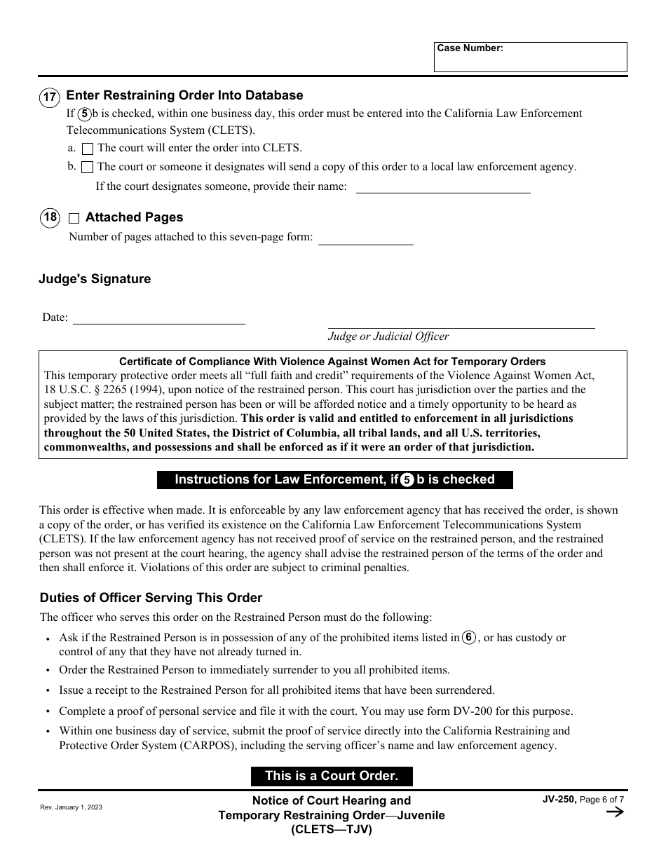 Form JV-250 Notice of Court Hearing and Temporary Restraining Order - Juvenile - California, Page 6