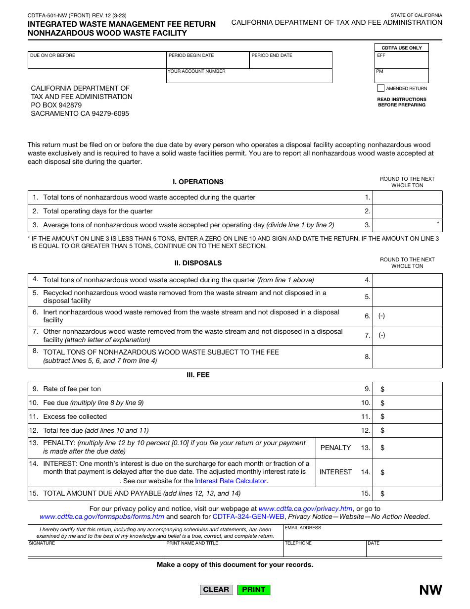 Form CDTFA-501-NW Integrated Waste Management Fee Return Nonhazardous Wood Waste Facility - California, Page 1