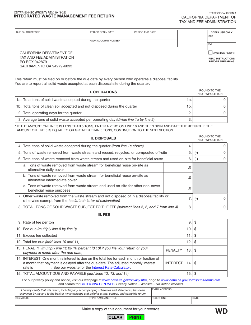 Form CDTFA-501-SQ Integrated Waste Management Fee Return - California, Page 1