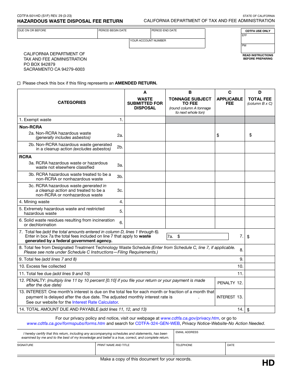 Form CDTFA-501-HD Hazardous Waste Disposal Fee Return - California, Page 1