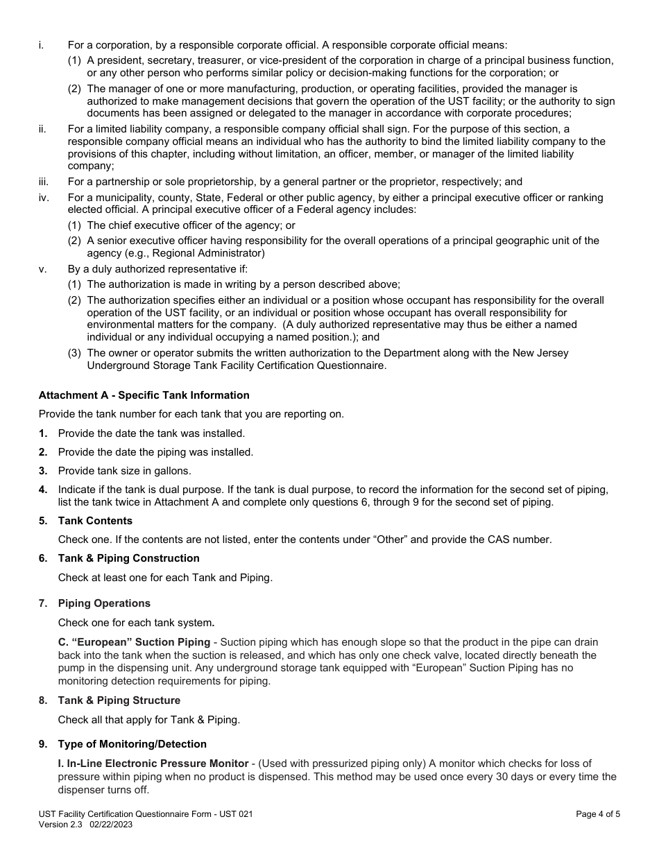 Instructions for Form UST021 Underground Storage Tank Facility Certification Questionnaire - New Jersey, Page 4