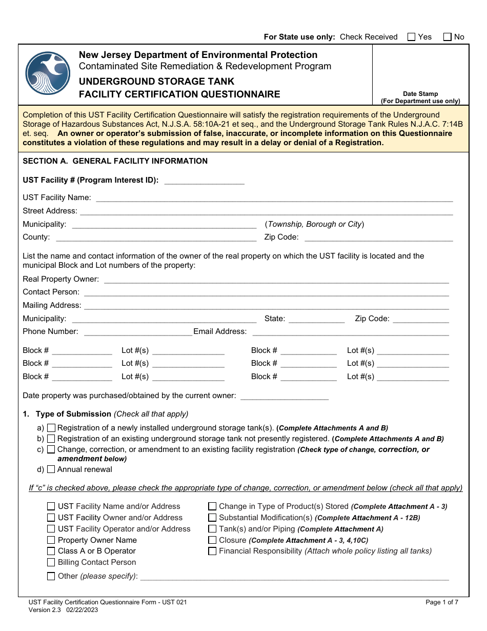 Form UST021 Underground Storage Tank Facility Certification Questionnaire - New Jersey, Page 1