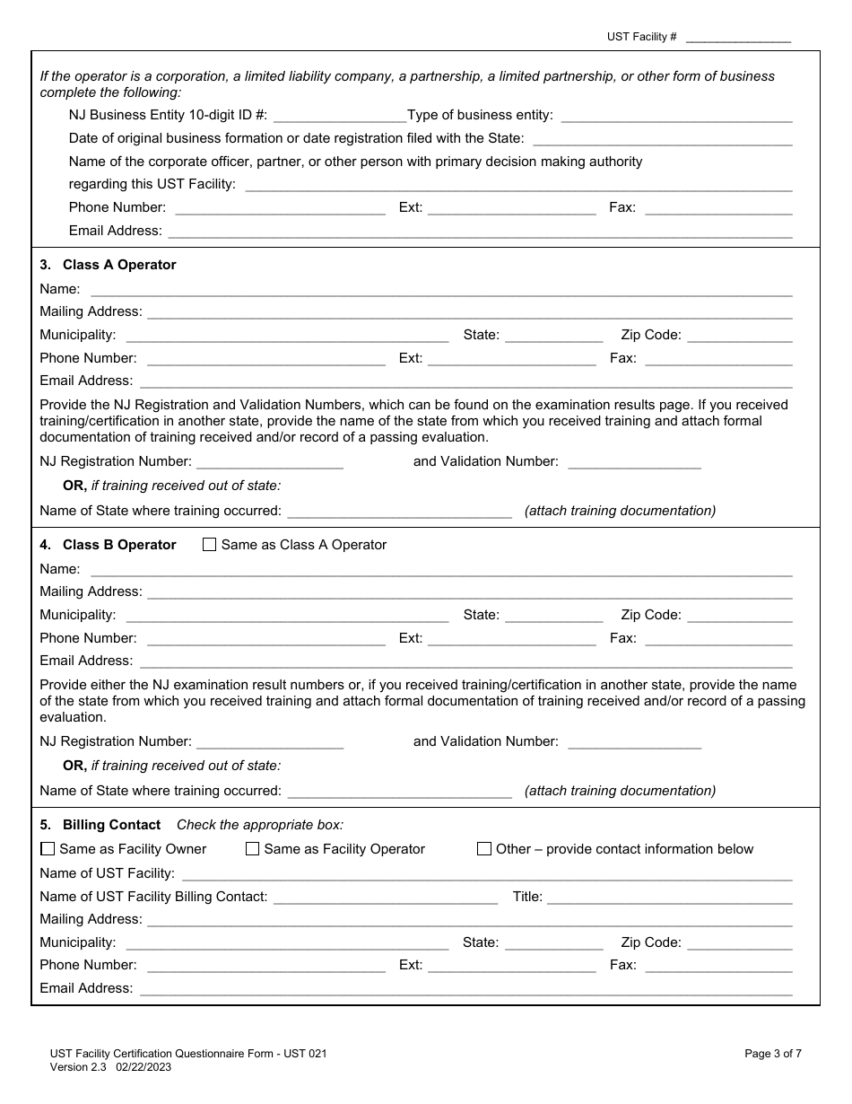 Form UST021 Underground Storage Tank Facility Certification Questionnaire - New Jersey, Page 3