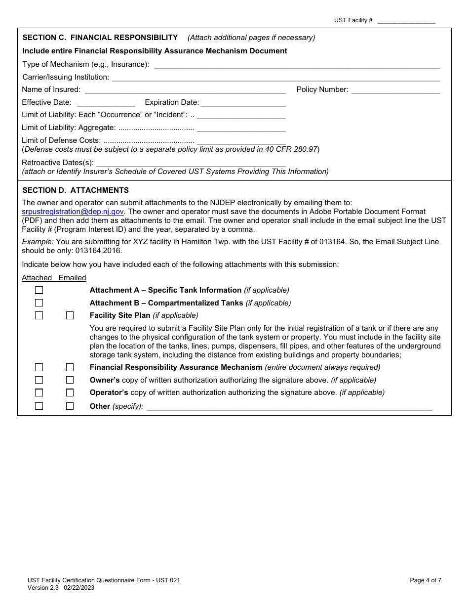 Form UST021 Underground Storage Tank Facility Certification Questionnaire - New Jersey, Page 4