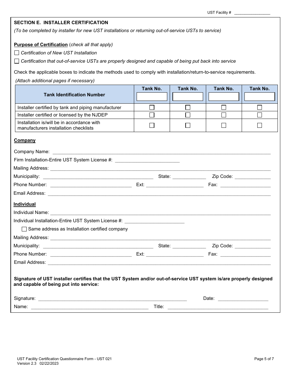 Form UST021 Underground Storage Tank Facility Certification Questionnaire - New Jersey, Page 5