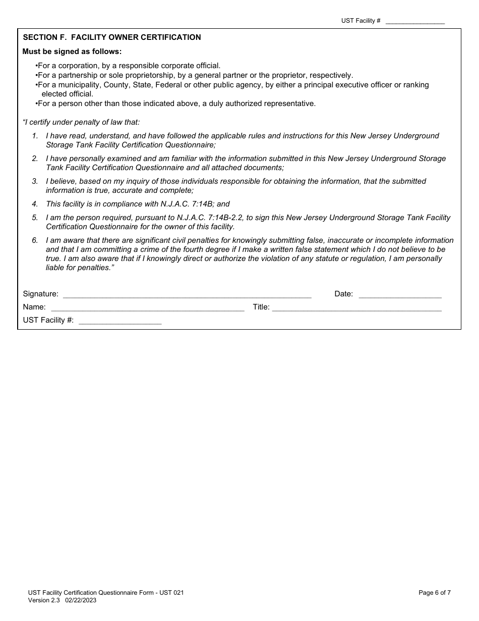 Form UST021 Underground Storage Tank Facility Certification Questionnaire - New Jersey, Page 6